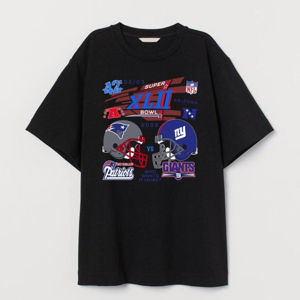 Graphic Design Unisex Superbowl Black Shirt, 2008 Patriots Giants Cotton Tee
